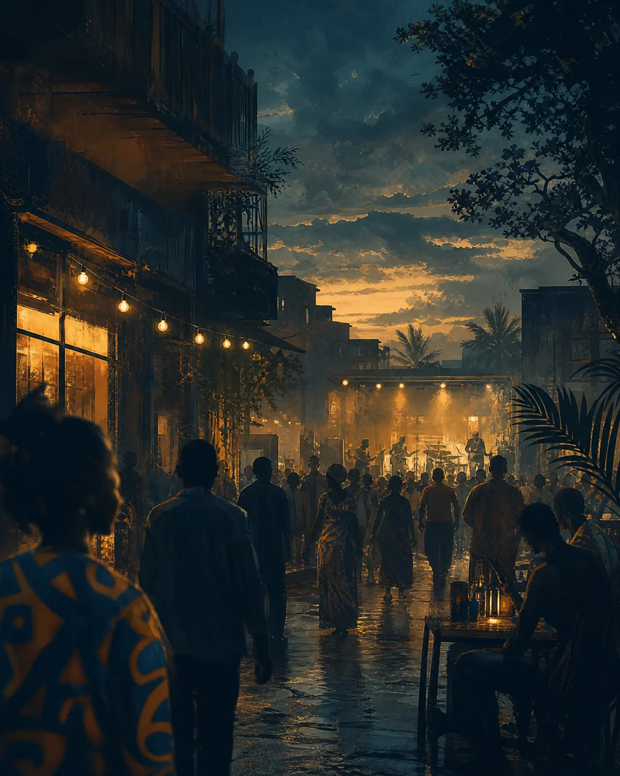 Illustrated Central African city street alive with music at blue hour