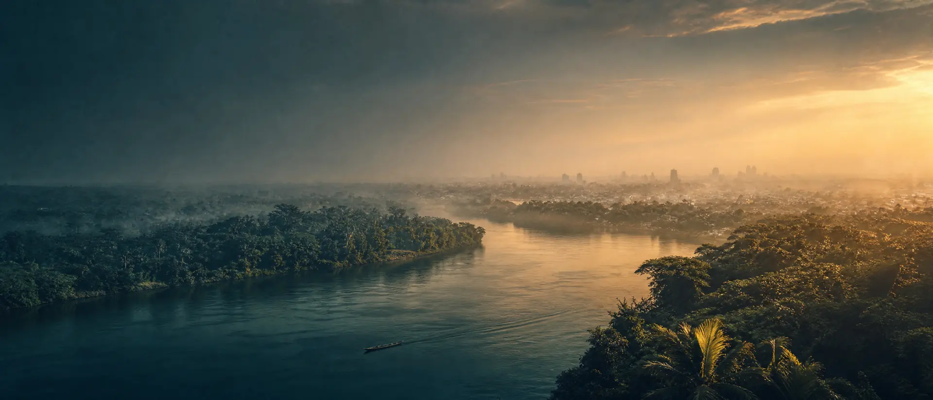 Illustrated wide river moving through equatorial greenery at dawn
