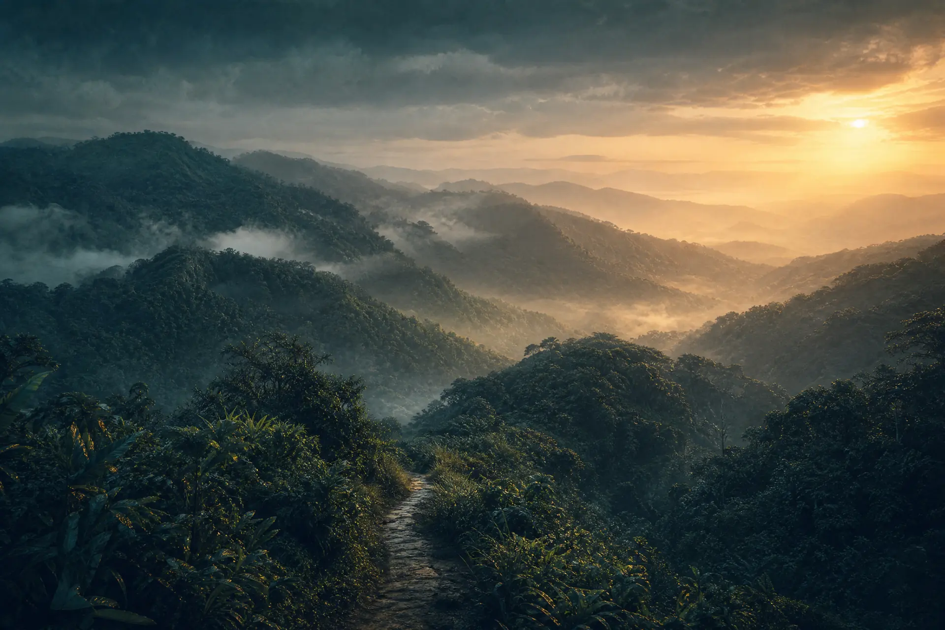 Illustrated green highland ridges fading into early-morning mist