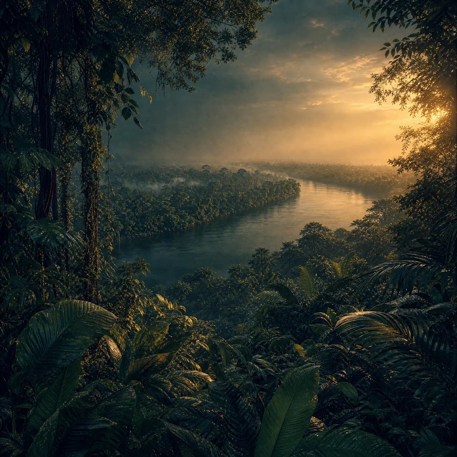 Illustrated view from rainforest canopy over a winding river