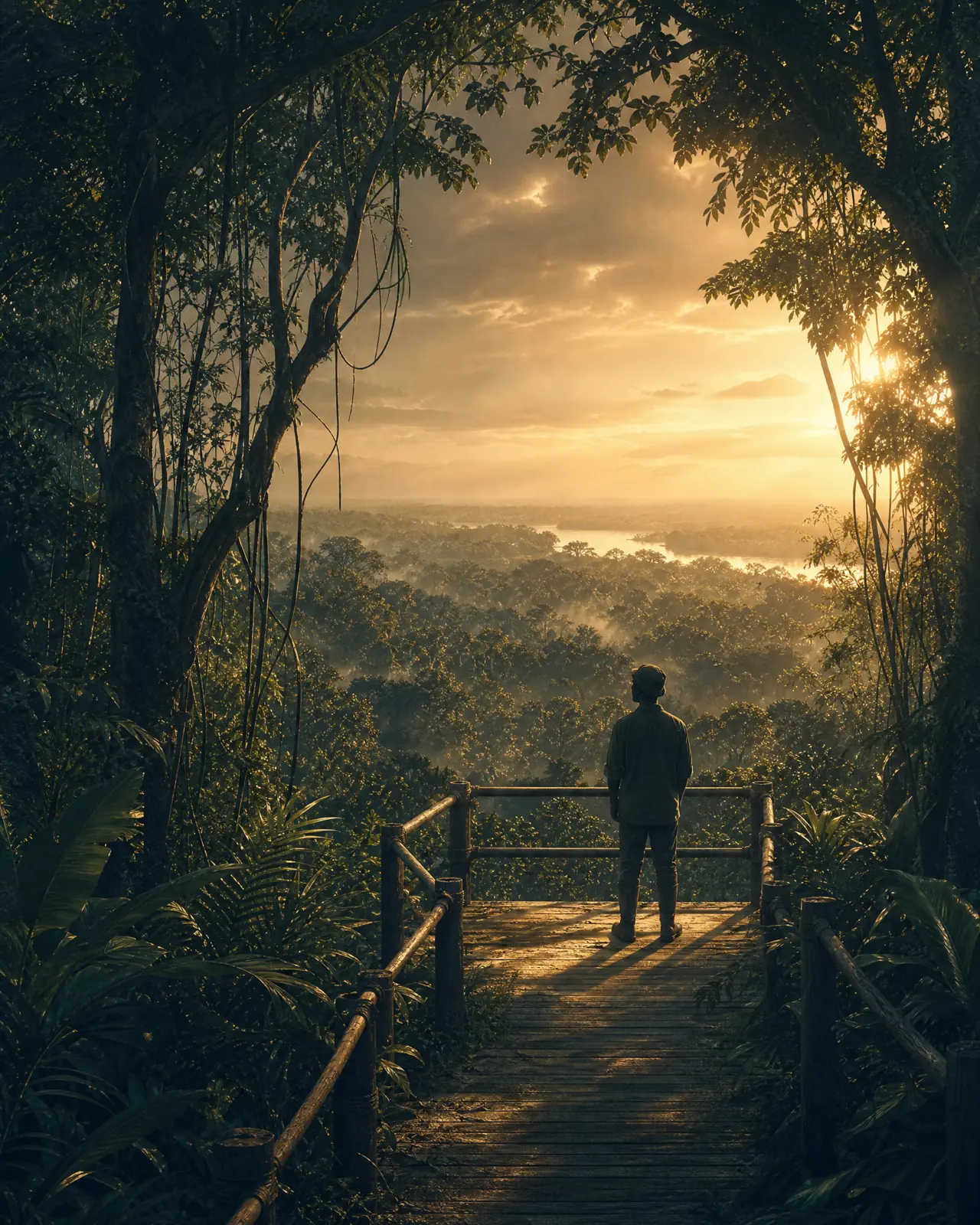 Illustrated forest viewing platform at sunrise