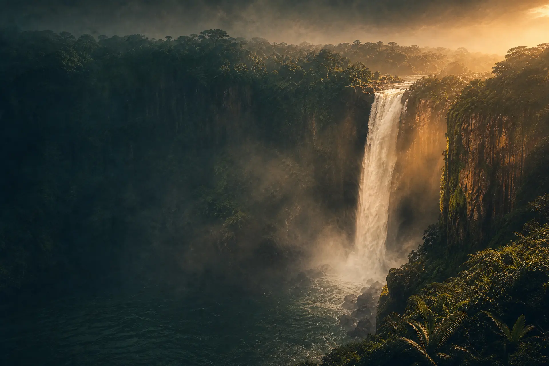 Illustrated tropical waterfall flowing through a forested gorge